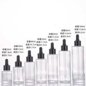 Flat-shouldered Glossy glass dropper bottle with black cap and black nitrile rubber head