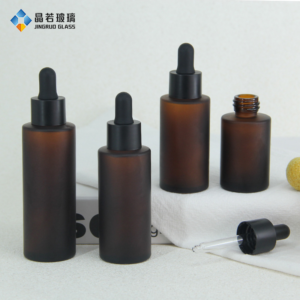 Frosted Flat-shouldered glass dropper bottle with black cap and black nitrile rubber head